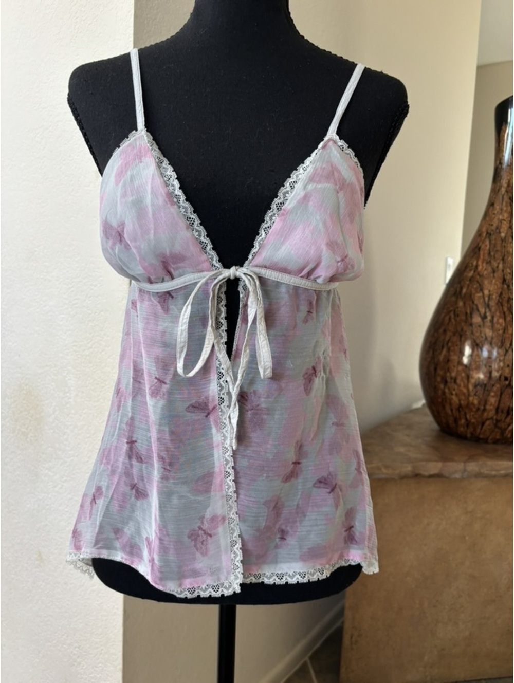 Urban Outfitters Sheer Pink Butterfly Tie Front Babydoll Cami S